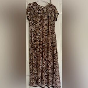 J Jill Brown Floral Maxi Dress Size medium petite Cottagecore Leaf Print FALL